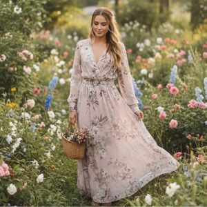 Alexa B Nites Women’s pink floral plunge v-neck maxi dress size 6 Fairly
